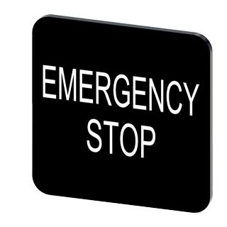 Bezeichnungsschild 22x22mm, Schild schwarz, Beschriftung: Emergency Stop