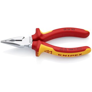 KNIPEX 08 26 145 Spitz-Kombizange isoliert mit Mehrkomponenten-Hüllen, VDE-geprüft verchromt 145 mm