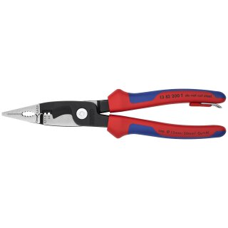 KNIPEX 13 82 200 T Elektro-Installationszange mit Mehrkomponenten-Hüllen, mit integrierter Befestigungsöse zum Anbringen einer Absturzsicherung schwarz atramentiert 200 mm